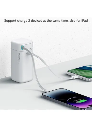 18000mAh 45W Retractable Portable Power Bank, Dual Output Charger with Lightning Magnetic Cable US-CD217 - White