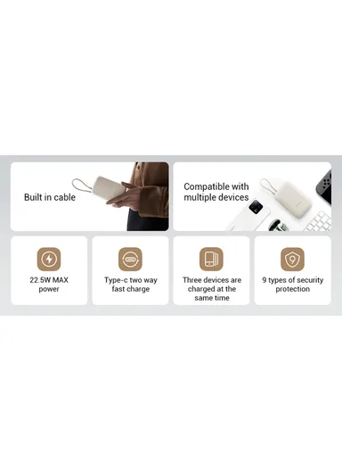 10000mAh 22.5W Pocket Version Power Bank, Phone External Battery with Type-C Cable P15ZM - Light Coffee