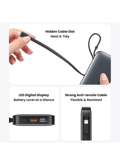 10000mAh 20W Portable Dual Cabled Fast Charging Power Bank, Multi-Use Bank Phone Charger CD228 - Tarnish