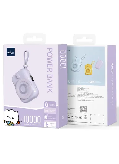 9600mAh Small Snail Power Bank, Magnetic Phone Wireless Charger with Built-in Type-C Cable Wi-P041 - Purple