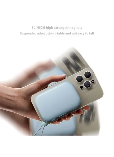 9600mAh Small Snail Power Bank, Magnetic Phone Wireless Charger with Built-in Type-C Cable Wi-P041 - Blue