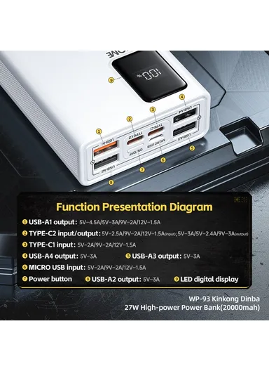 20000mAh 27W Multifunctional High-power Power Bank WP-93 - White