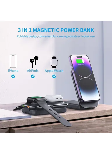 8000mAh Multifunctional Magnetic Wireless Charger with Built-in Type-C &amp; Lightning Cables Power Bank MP02 
