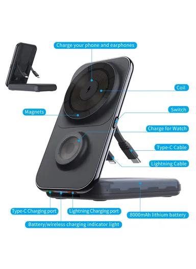 8000mAh Multifunctional Magnetic Wireless Charger with Built-in Type-C &amp; Lightning Cables Power Bank MP02 