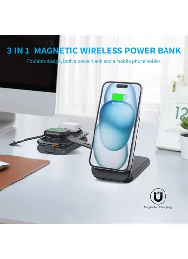 8000mAh Multifunctional Magnetic Wireless Charger with Built-in Type-C &amp; Lightning Cables Power Bank MP02 
