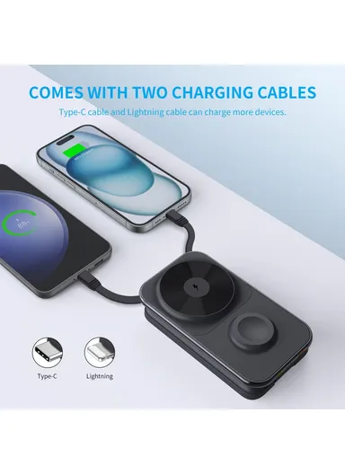 8000mAh Multifunctional Magnetic Wireless Charger with Built-in Type-C &amp; Lightning Cables Power Bank MP02 