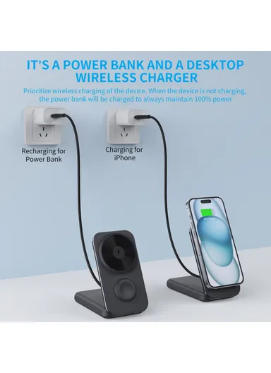 8000mAh Multifunctional Magnetic Wireless Charger with Built-in Type-C &amp; Lightning Cables Power Bank MP02 