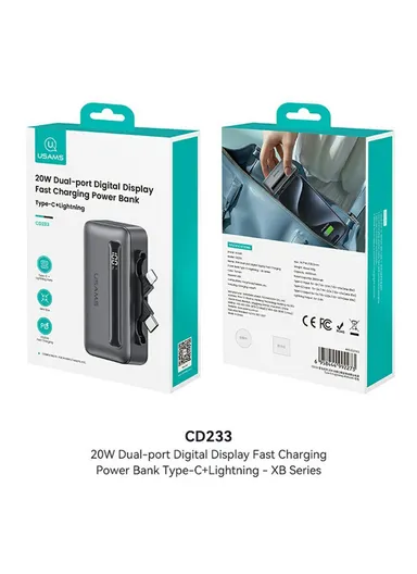 4500mAh PD 20W Mini Portable Power Bank Charger, Dual Port Type-C &amp; Lightning Power Bank CD233 - Silver