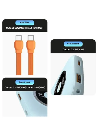 10000mAh Portable Power Bank, Phone External Battery with Type-C to Type-C Cable K21 - White