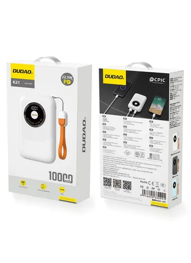 10000mAh Portable Power Bank, Phone External Battery with Type-C to Type-C Cable K21 - White