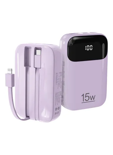 20000mAh Power Bank Phone Charger External Battery with Built-in Lightning &amp; Type-C Cable K0090 - Purple