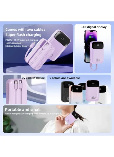 20000mAh Power Bank Phone Charger External Battery with Built-in Lightning &amp; Type-C Cable K0090 - Purple