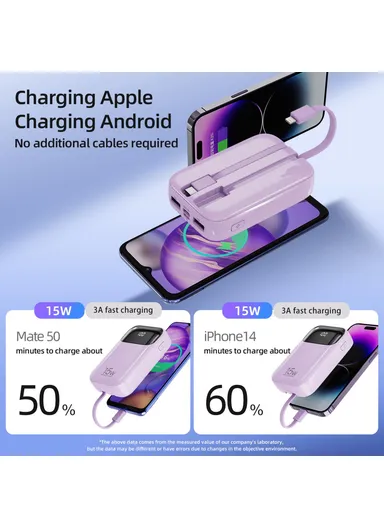 20000mAh Power Bank Phone Charger External Battery with Built-in Lightning &amp; Type-C Cable K0090 - Purple