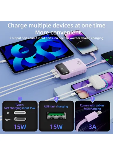 20000mAh Power Bank Phone Charger External Battery with Built-in Lightning &amp; Type-C Cable K0090 - Purple