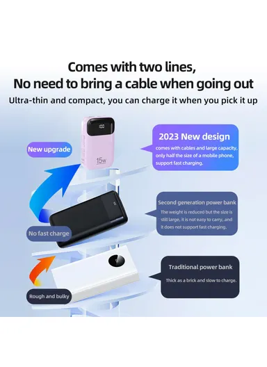 20000mAh Power Bank Phone Charger External Battery with Built-in Lightning &amp; Type-C Cable K0090 - Purple