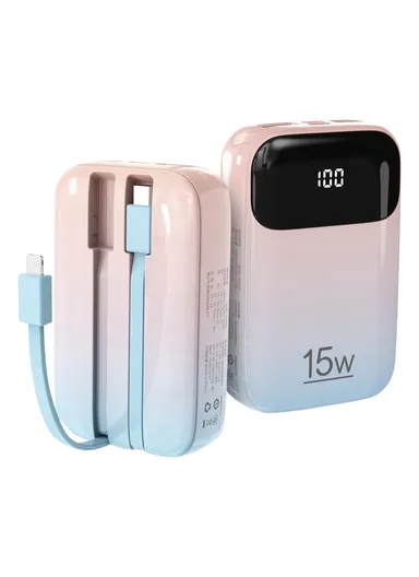 20000mAh Power Bank Phone Charger External Battery with Built-in Lightning &amp; Type-C Cable K0090 - Pink Blue Gradient