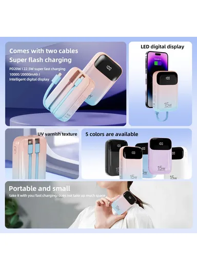 20000mAh Power Bank Phone Charger External Battery with Built-in Lightning &amp; Type-C Cable K0090 - Pink Blue Gradient