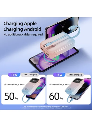 20000mAh Power Bank Phone Charger External Battery with Built-in Lightning &amp; Type-C Cable K0090 - Pink Blue Gradient