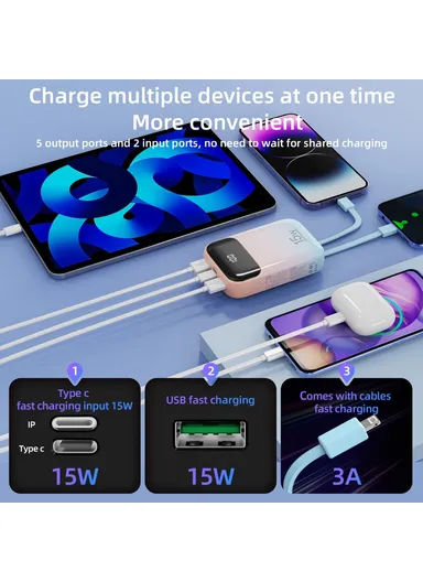 20000mAh Power Bank Phone Charger External Battery with Built-in Lightning &amp; Type-C Cable K0090 - Pink Blue Gradient