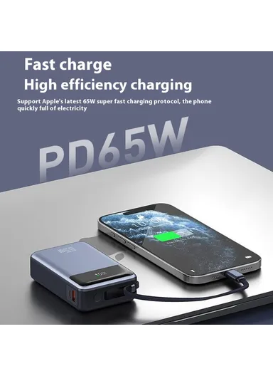 20000mAh 65W PD Portable Power Bank Phone External Battery with Built-In Type-C Cable T173 