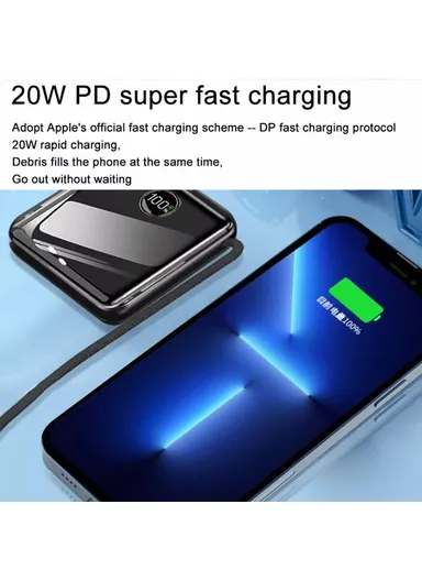 20000mAh 22.5W Power Bank Phone Charger External Battery with Type-C &amp; Lightning Cable E28E - Black