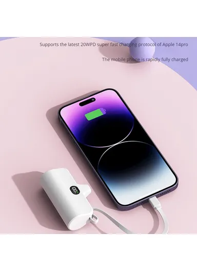 5000mAh Mini Portable Charger Power Bank Battery Pack with Type-C Plug &amp; Lightning Cable HY-0808 - Pink