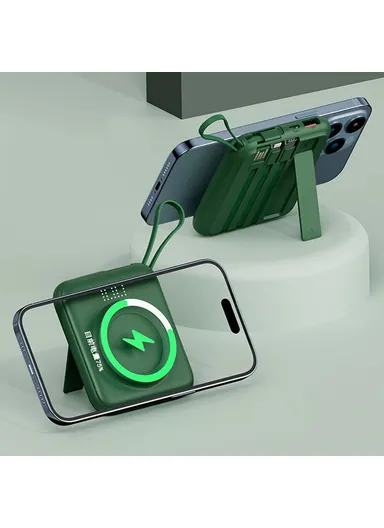 10000mAh Mini Magnetic Wireless Charging Power Bank with Built-in 4 Cables Q12 - Green