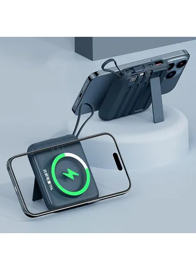 10000mAh Mini Magnetic Wireless Charging Power Bank with Built-in 4 Cables Q12 - Blue