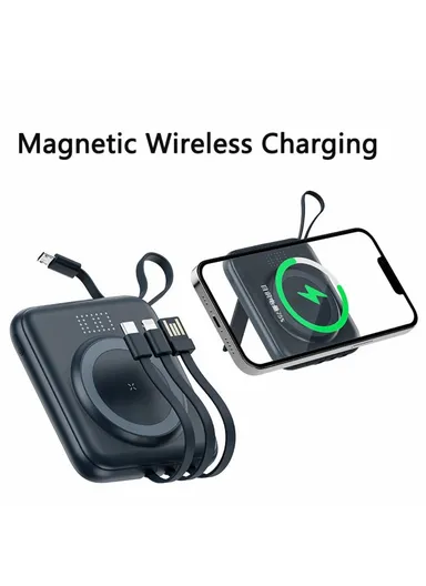 10000mAh Mini Magnetic Wireless Charging Power Bank with Built-in 4 Cables Q12 - Blue