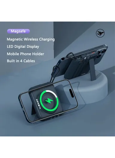 10000mAh Mini Magnetic Wireless Charging Power Bank with Built-in 4 Cables Q12 - Blue