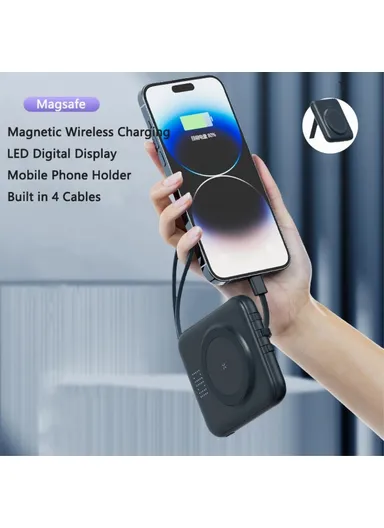 10000mAh Mini Magnetic Wireless Charging Power Bank with Built-in 4 Cables Q12 - Blue