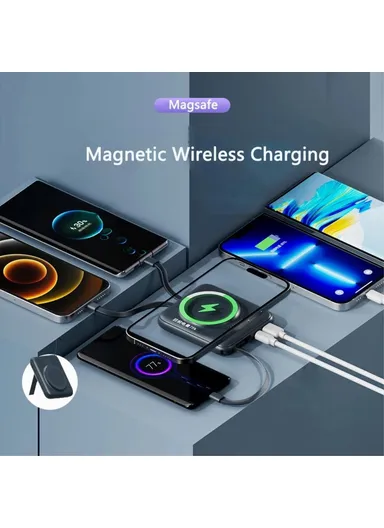 10000mAh Mini Magnetic Wireless Charging Power Bank with Built-in 4 Cables Q12 - Blue