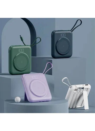 10000mAh Mini Magnetic Wireless Charging Power Bank with Built-in 4 Cables Q12 - Blue