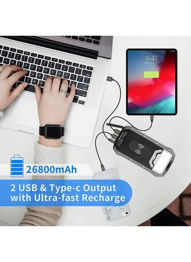 20000mAh Waterproof Dual USB + Type-C Output Solar Power Bank, 18-LED Camping Light Phone Charger External Battery i26W - Orange