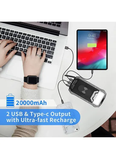 20000mAh Waterproof Dual USB + Type-C Output Solar Power Bank, 18-LED Camping Light Phone Charger External Battery i26W - Orange