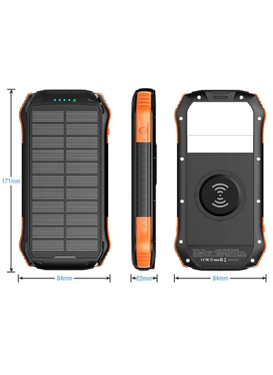 16000mAh 18W-10W Portable Solar Wireless Fast Charger &amp; Wire Charging, Waterproof &amp; Shockproof Solar Power Bank F16W (L17.1 x  W8.4 x H2.2)cm - Orange