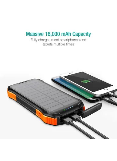 16000mAh 18W-10W Portable Solar Wireless Fast Charger &amp; Wire Charging, Waterproof &amp; Shockproof Solar Power Bank F16W (L17.1 x  W8.4 x H2.2)cm - Orange