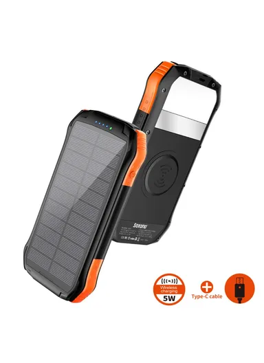 16000mAh 18W-10W Portable Solar Wireless Fast Charger &amp; Wire Charging, Waterproof &amp; Shockproof Solar Power Bank F16W (L17.1 x  W8.4 x H2.2)cm - Orange