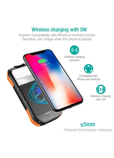 16000mAh 18W-10W Portable Solar Wireless Fast Charger &amp; Wire Charging, Waterproof &amp; Shockproof Solar Power Bank F16W (L17.1 x  W8.4 x H2.2)cm - Orange