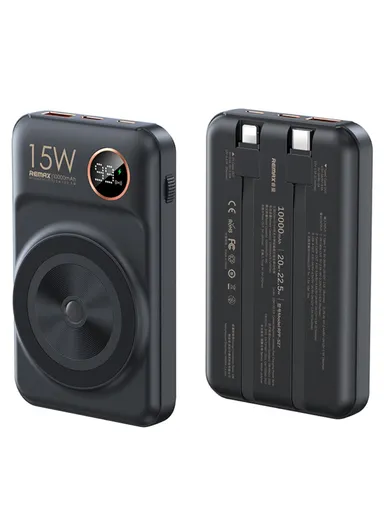 10000mAh 20W+22.5W Portable Cabled &amp; Magnetic Wireless Fast Charging Power Bank Phone Charger RPP-572- Black