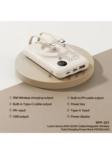 10000mAh 20W+22.5W Portable Cabled &amp; Magnetic Wireless Fast Charging Power Bank Phone Charger RPP-572- Black