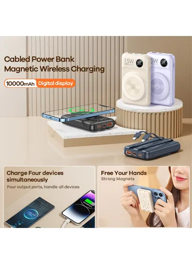 10000mAh 20W+22.5W Portable Cabled &amp; Magnetic Wireless Fast Charging Power Bank Phone Charger RPP-572- Black