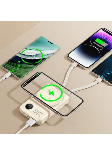 10000mAh 20W+22.5W Portable Cabled &amp; Magnetic Wireless Fast Charging Power Bank Phone Charger RPP-572 - White