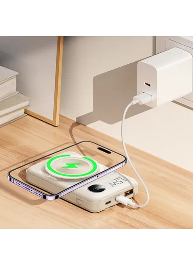 10000mAh 20W+22.5W Portable Cabled &amp; Magnetic Wireless Fast Charging Power Bank Phone Charger RPP-572 - White