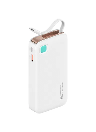 10000mAh 20W Portable LED Display Charger Power Bank, Fast Charging with Built-in Lightning Cable CD225 - White