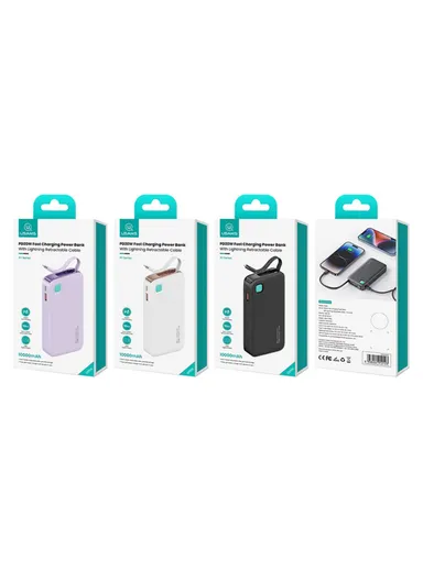 10000mAh 20W Portable LED Display Charger Power Bank, Fast Charging with Built-in Lightning Cable CD225 - White