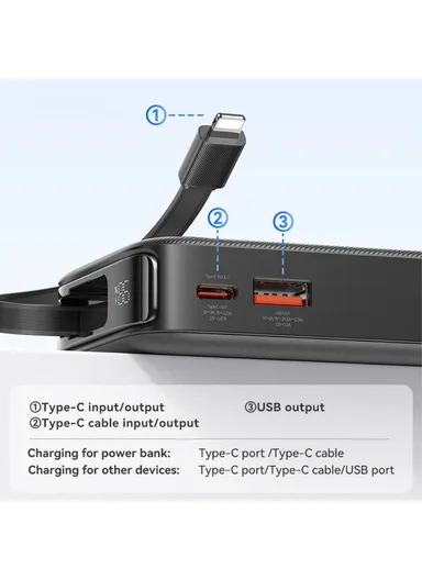10000mAh 20W Portable LED Display Charger Power Bank, Fast Charging with Built-in Lightning Cable CD225 - White