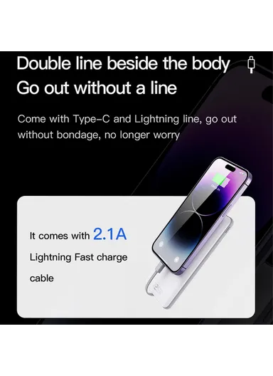 20000mAh Portable Power Bank Phone Charger External Battery with Built-in Type-C &amp; Lightning Cable CPBL-10- White