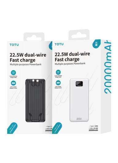 20000mAh Portable Power Bank Phone Charger External Battery with Built-in Type-C &amp; Lightning Cable CPBL-10- White