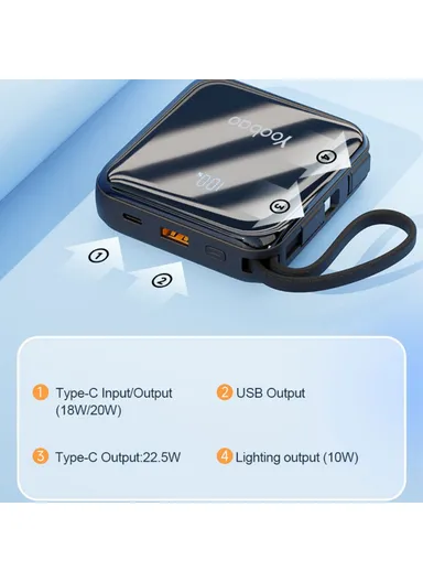 10000mAh Portable Phone Charger Power Bank, External Battery Pack with Built-in Cables LK10 - Blue